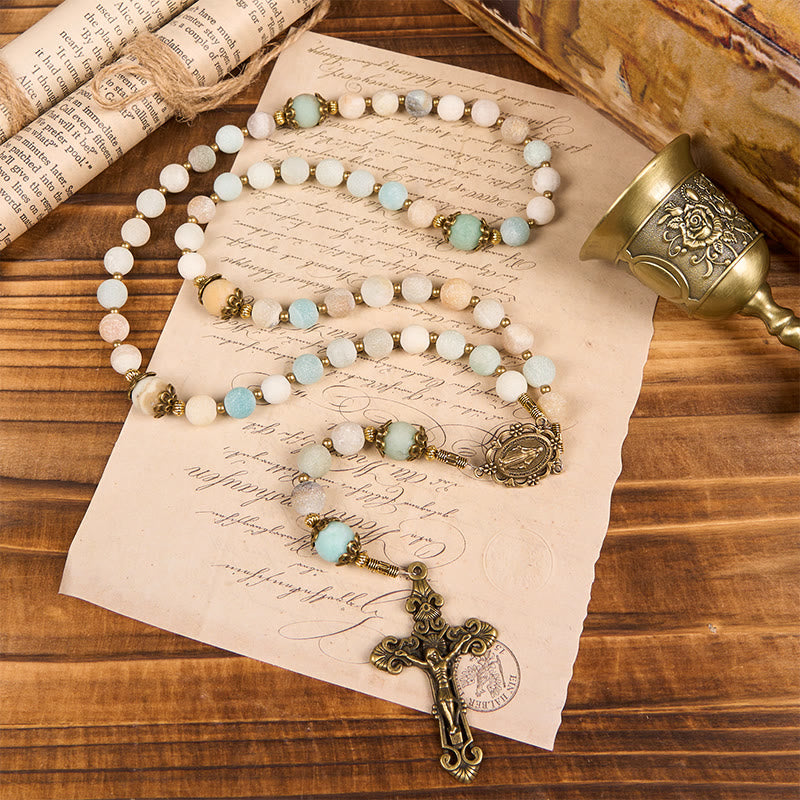 Christianartworkshop Handgefertigter Rosenkranz aus mattiertem Amazonit, 8 mm, ein zeitloses Stück Hingabe