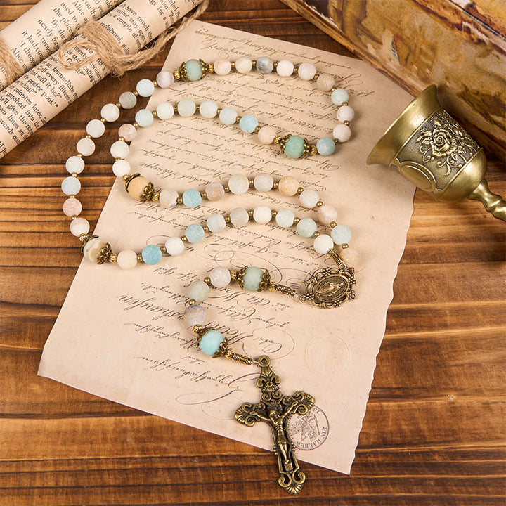 Christianartworkshop Handgefertigter Rosenkranz aus mattiertem Amazonit, 8 mm, ein zeitloses Stück Hingabe