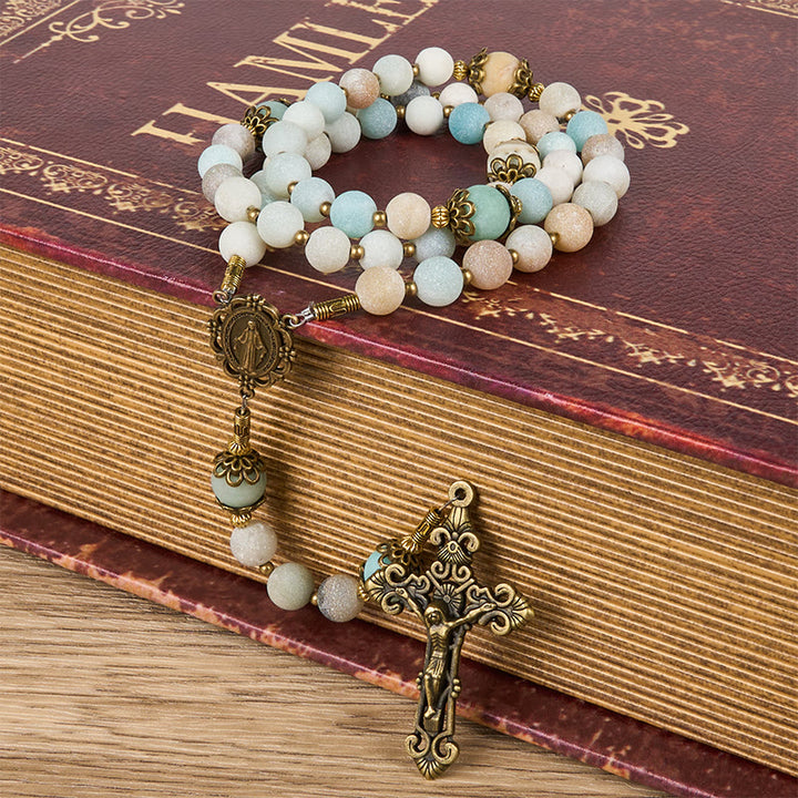 Christianartworkshop Handgefertigter Rosenkranz aus mattiertem Amazonit, 8 mm, ein zeitloses Stück Hingabe
