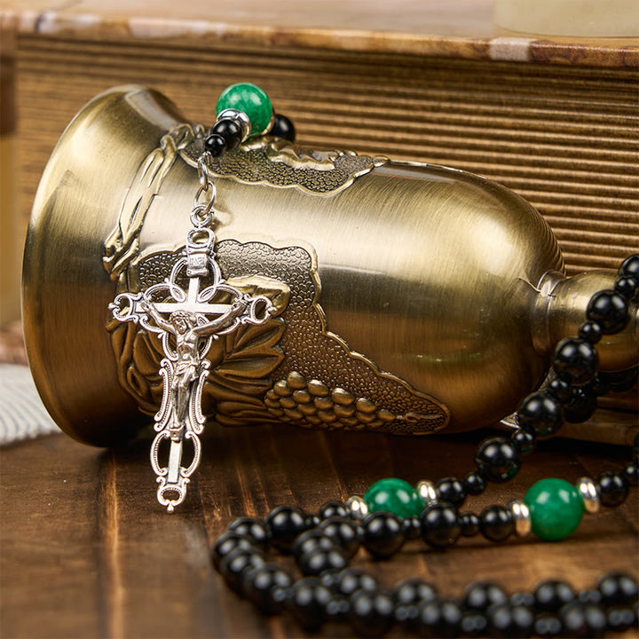 Christianartworkshop St. Benedikt und Kruzifix aus 8 mm Obsidian und Jade, handgefertigter Rosenkranz aus Perlen – Glaube und heilige Verbindung - Obsidian & Jade - image 1