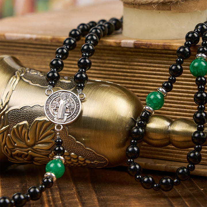 Christianartworkshop St. Benedikt und Kruzifix aus 8 mm Obsidian und Jade, handgefertigter Rosenkranz aus Perlen – Glaube und heilige Verbindung - image 8
