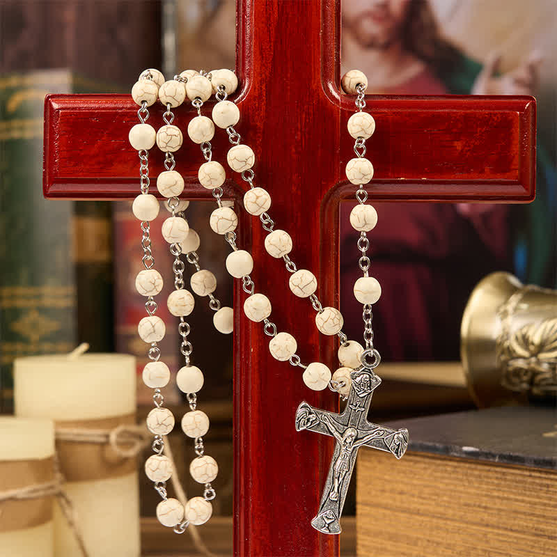Christianartworkshop Wundertätige Medaille und Kruzifix aus 8 mm weißem Kiefernholz, Gebetsperlen, Rosenkranz