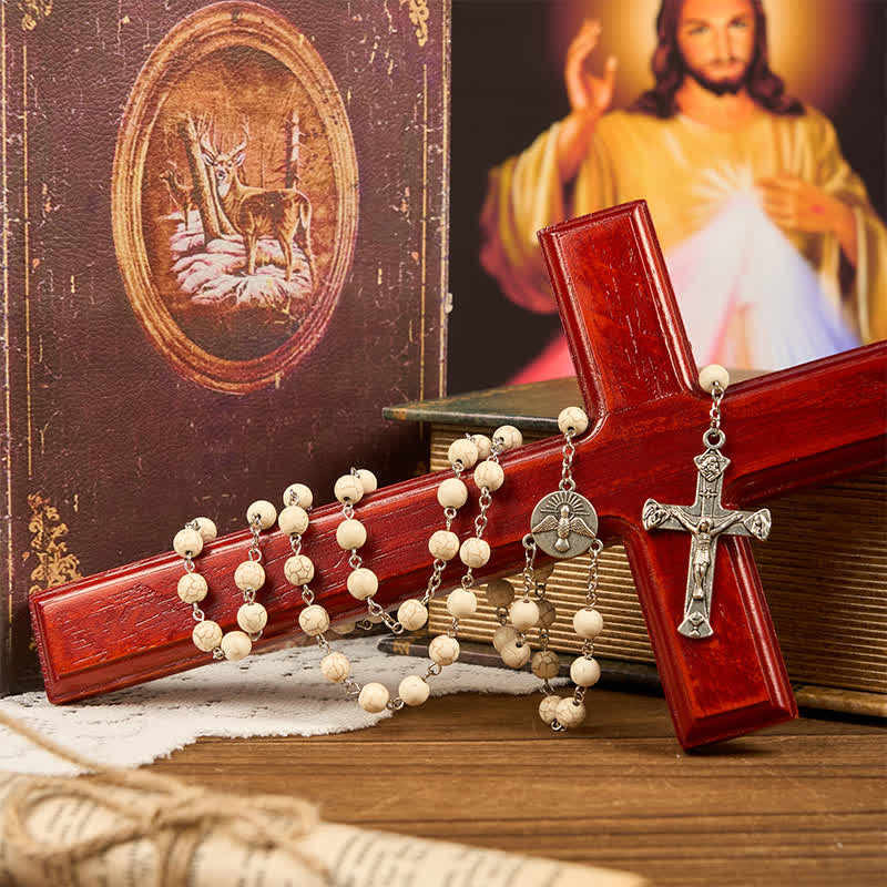 Christianartworkshop Wundertätige Medaille und Kruzifix aus 8 mm weißem Kiefernholz, Gebetsperlen, Rosenkranz