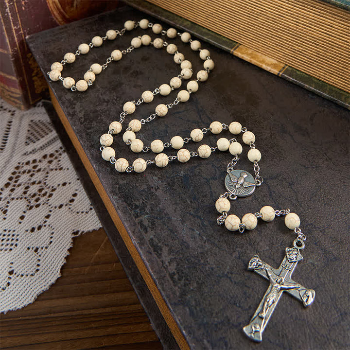 Christianartworkshop Wundertätige Medaille und Kruzifix aus 8 mm weißem Kiefernholz, Gebetsperlen, Rosenkranz