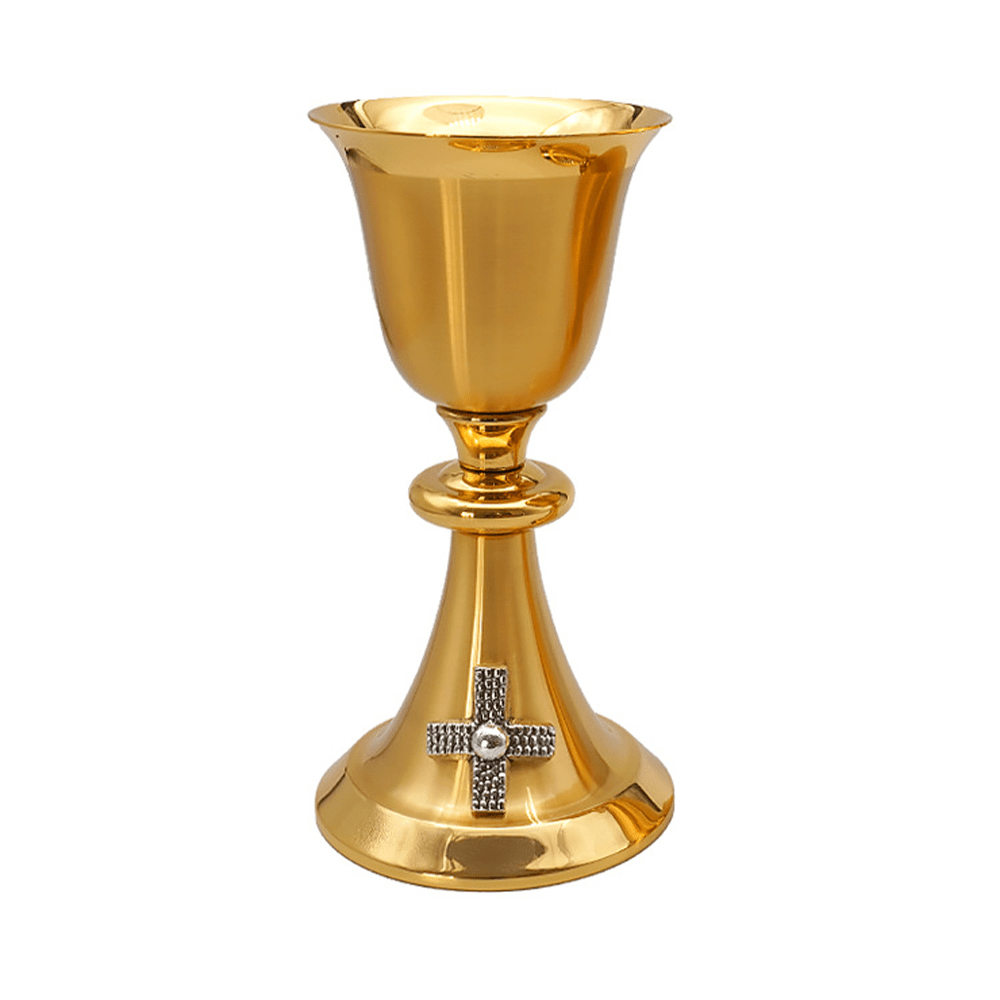 Christianartworkshop Exquisiter, goldfarbener, mit Kreuz verzierter Kelch und Pyxis – Göttliche Gefäße für die heilige Kommunion