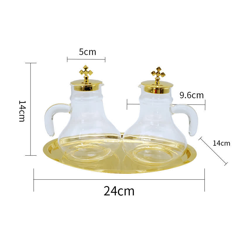 Christianartworkshop Elegantes Menage-Set aus Glas mit Messingbesatz und Kreuzmotiv – Traditionelles Anbetungszubehör