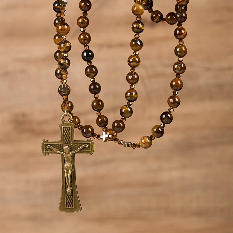 Christianartworkshop St. Benedikt-Medaille und Kruzifix, 8 mm rund, braunes Tigerauge, Legierung, Rosenkranzkette