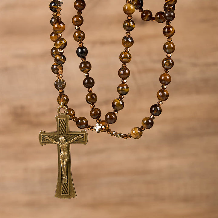 Christianartworkshop St. Benedikt-Medaille und Kruzifix, 8 mm rund, braunes Tigerauge, Legierung, Rosenkranzkette