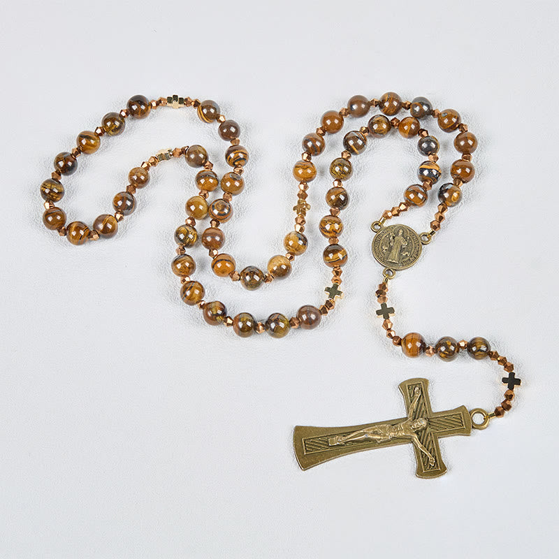 Christianartworkshop St. Benedikt-Medaille und Kruzifix, 8 mm rund, braunes Tigerauge, Legierung, Rosenkranzkette