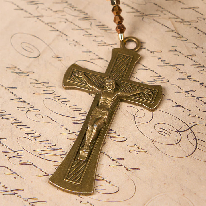 Christianartworkshop St. Benedikt-Medaille und Kruzifix, 8 mm rund, braunes Tigerauge, Legierung, Rosenkranzkette