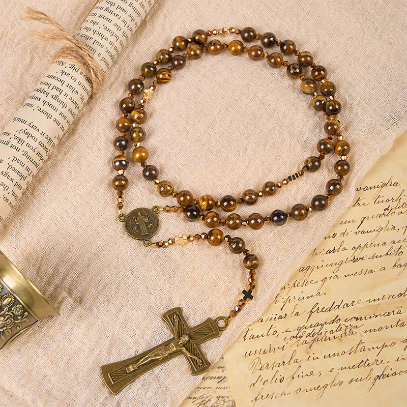 Christianartworkshop St. Benedikt-Medaille und Kruzifix, 8 mm rund, braunes Tigerauge, Legierung, Rosenkranzkette