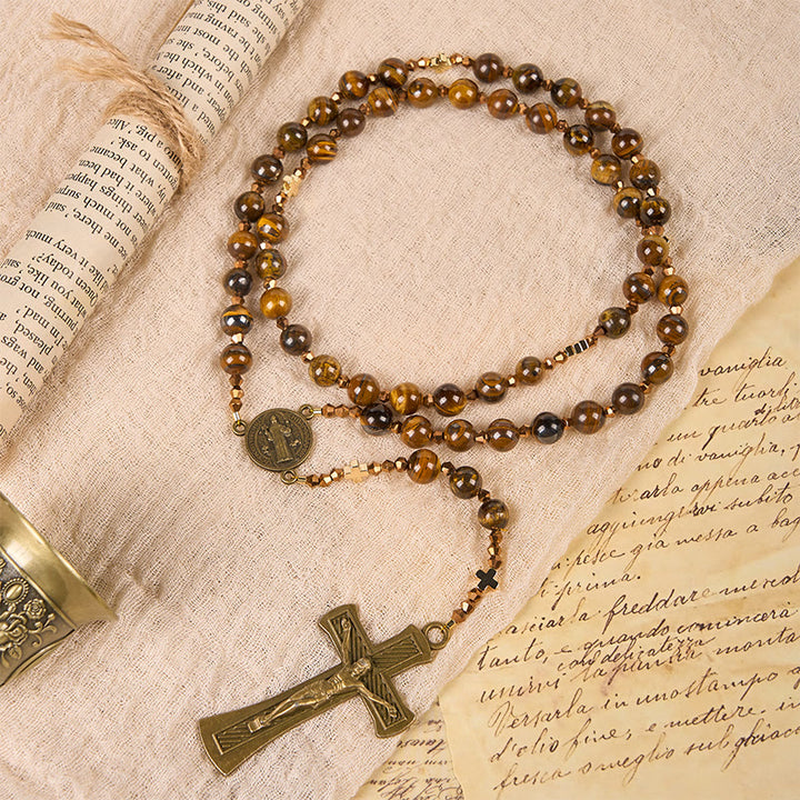 Christianartworkshop St. Benedikt-Medaille und Kruzifix, 8 mm rund, braunes Tigerauge, Legierung, Rosenkranzkette