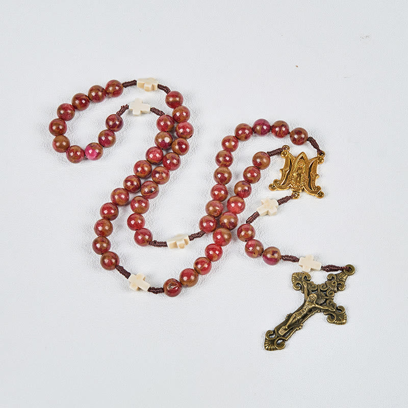 Christianartworkshop Jungfrau Maria & Kruzifix, 8 mm, Rotgoldstein & Kreuz, Weiß-Türkis, handgefertigter Rosenkranz