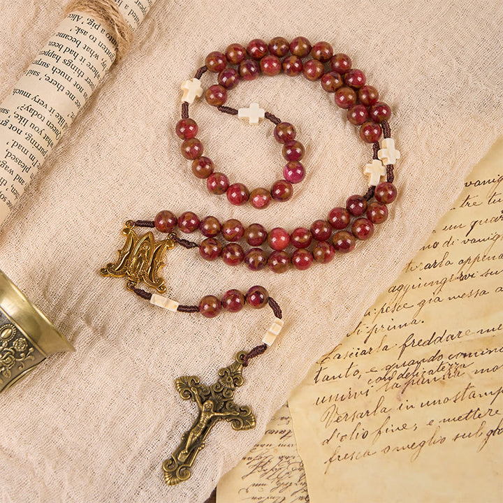 Christianartworkshop Jungfrau Maria & Kruzifix, 8 mm, Rotgoldstein & Kreuz, Weiß-Türkis, handgefertigter Rosenkranz