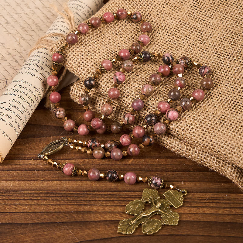 Christianartworkshop Vintage-inspirierter Rosenkranz mit rosa Rhodonit – Reise mit Christus - image 1