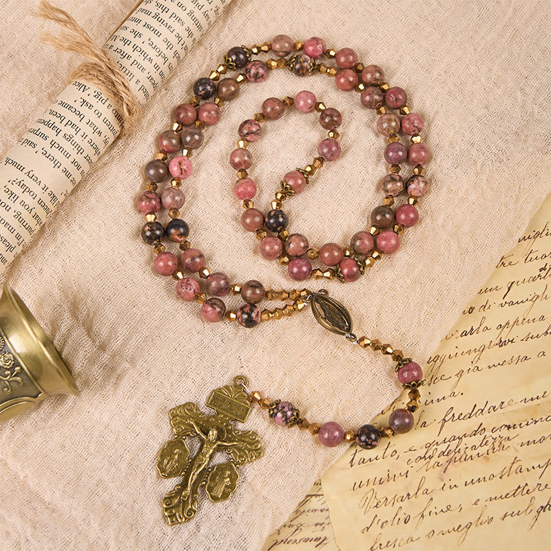 Christianartworkshop Vintage-inspirierter Rosenkranz mit rosa Rhodonit – Reise mit Christus - Vintage-inspirierter Rosenkranz - image 0