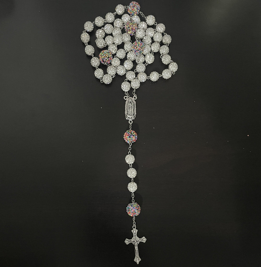 Christianartworkshop Rosenkranz „Unsere Liebe Frau von Guadalupe“ und Kruzifix, 10 mm rund, weiße Strasssteine, Legierung - image 1