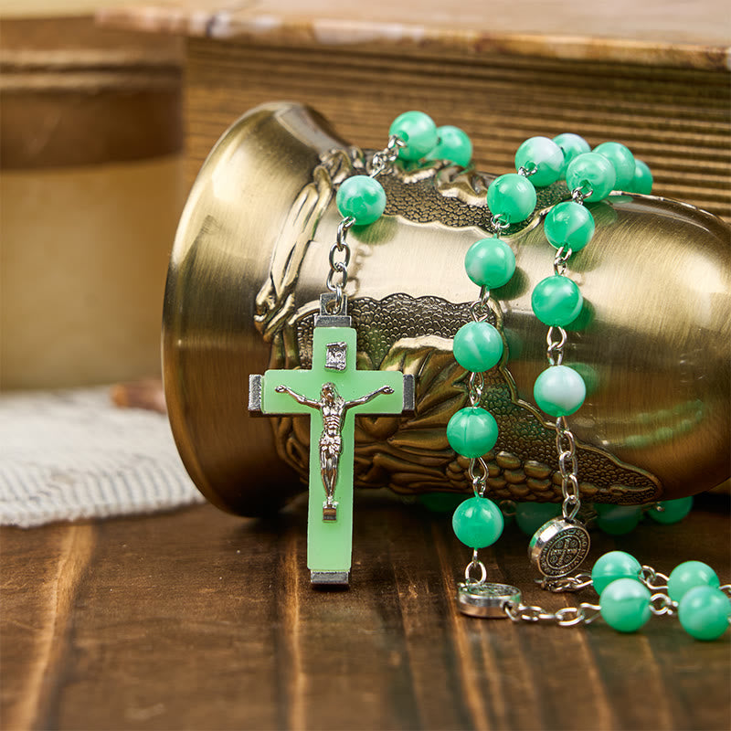 Christianartworkshop Wundertätige Medaille und Kruzifix aus 8 mm leuchtenden Perlen, Rosenkranz für nächtliches Beten