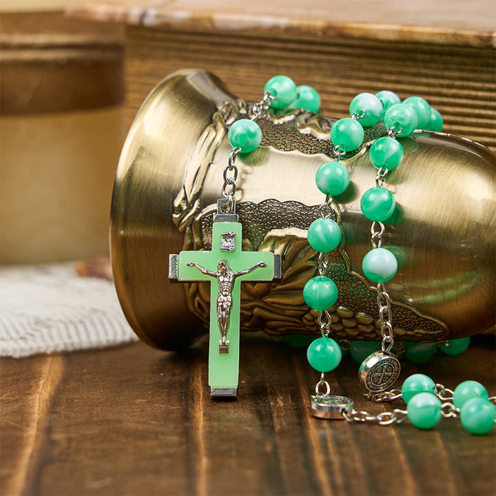 Christianartworkshop Wundertätige Medaille und Kruzifix aus 8 mm leuchtenden Perlen, Rosenkranz für nächtliches Beten