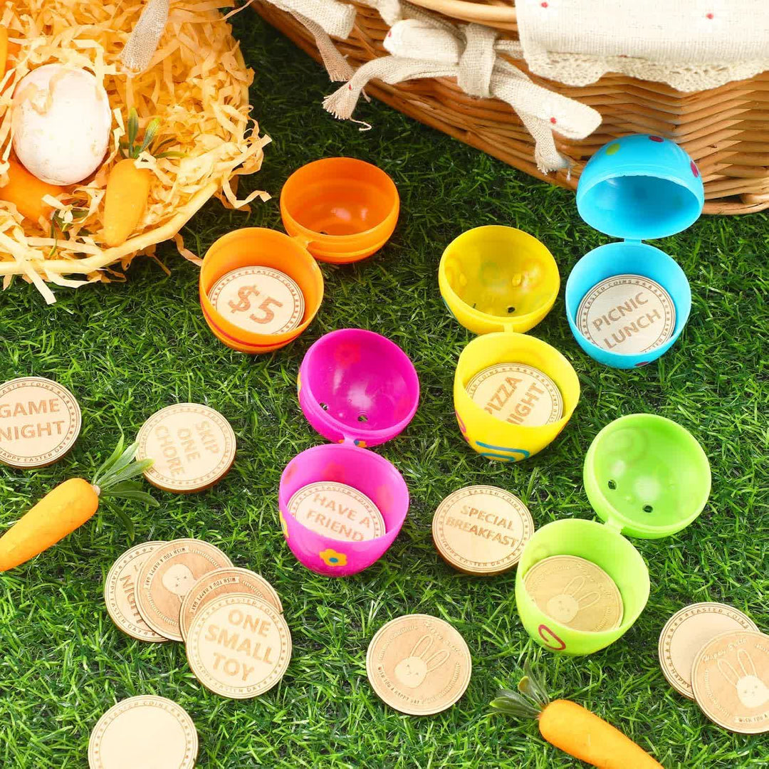 Christianartworkshop Osterei-Belohnungsset: 2 bunte Muscheln mit hölzernen Preismarken