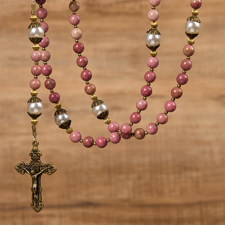 Christianartworkshop Wundertätige Medaille und Kruzifix aus 8 mm natürlichem rotem Holzaderstein, handgefertigte Rosenkranzperlen