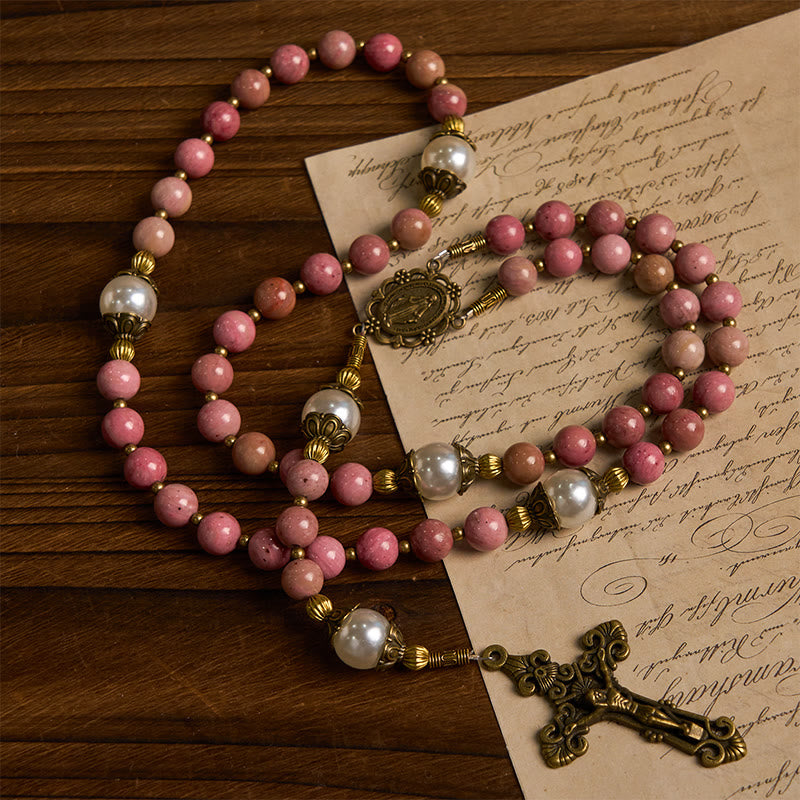 Christianartworkshop Wundertätige Medaille und Kruzifix aus 8 mm natürlichem rotem Holzaderstein, handgefertigte Rosenkranzperlen