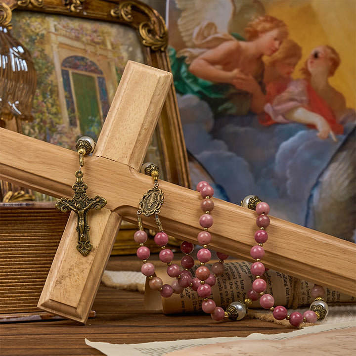 Christianartworkshop Jesus ist das Geschenk: Natürlicher roter Holzaderstein, handgefertigter Rosenkranz mit Geschenkkarte - image 16