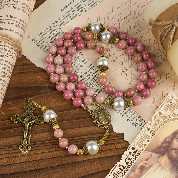 Christianartworkshop Jesus ist das Geschenk: Natürlicher roter Holzaderstein, handgefertigter Rosenkranz mit Geschenkkarte - image 7