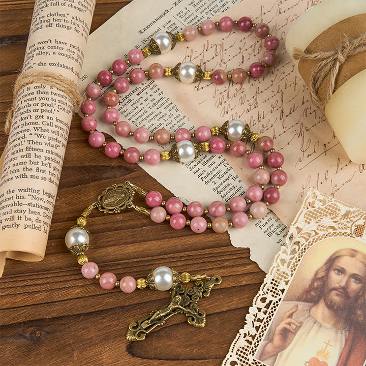 Christianartworkshop Jesus ist das Geschenk: Natürlicher roter Holzaderstein, handgefertigter Rosenkranz mit Geschenkkarte - image 11