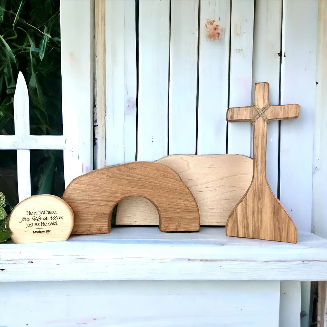 Christianartworkshop Er ist auferstanden: Rustikales Osterdekor-Set aus Holz mit Bibelversen als Wandkunst