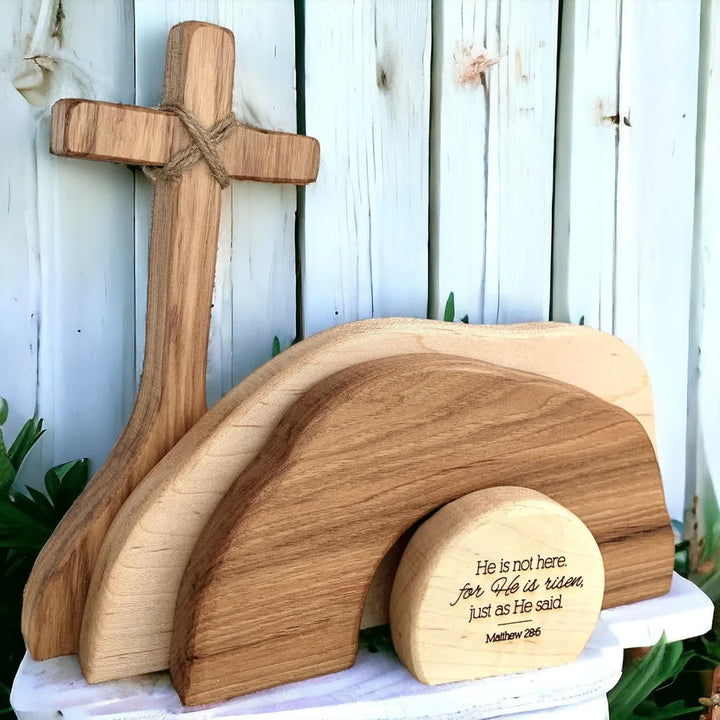 Christianartworkshop Er ist auferstanden: Rustikales Osterdeko-Set aus Holz mit Bibelvers-Wandbild - image 6