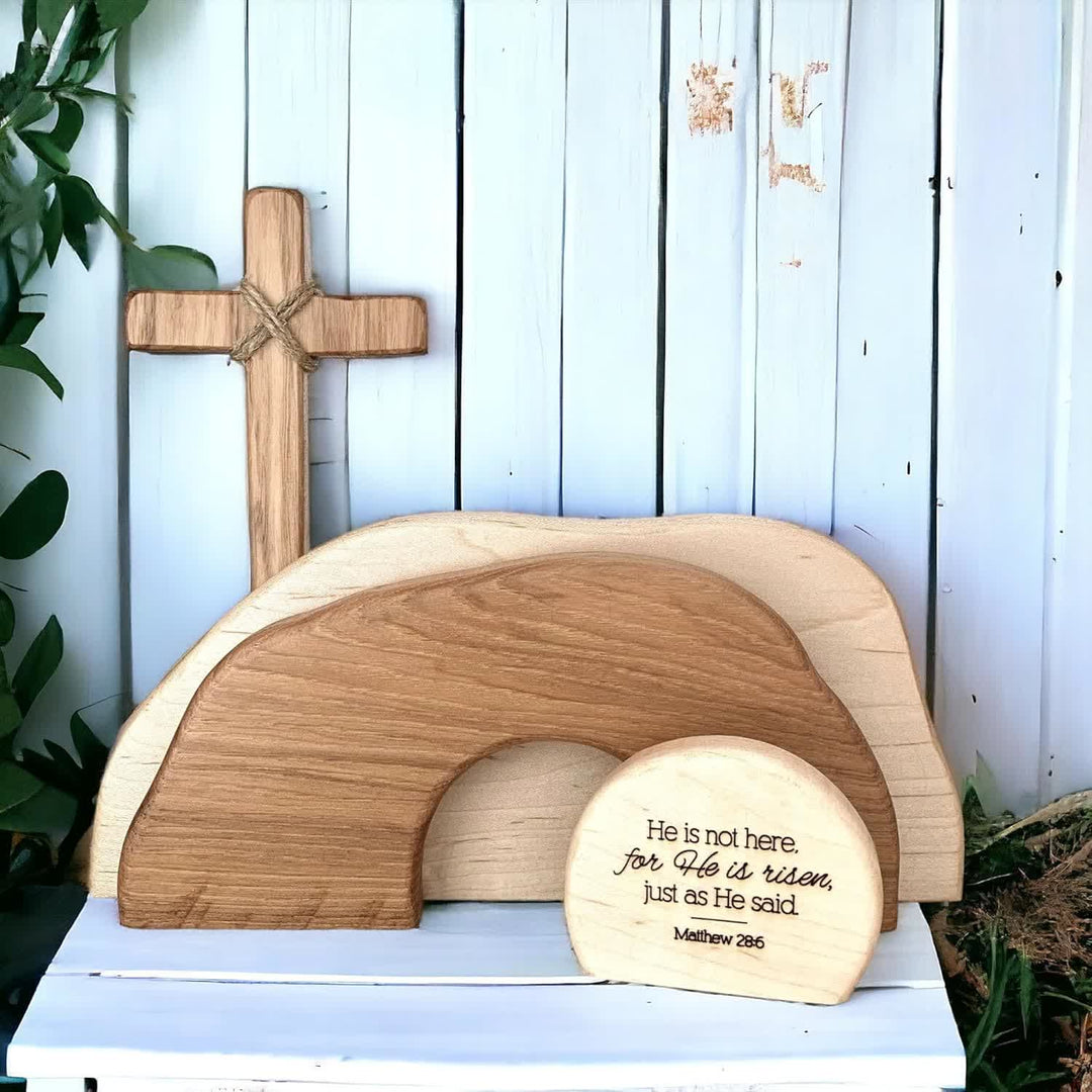 Christianartworkshop Er ist auferstanden: Rustikales Osterdekor-Set aus Holz mit Bibelversen als Wandkunst