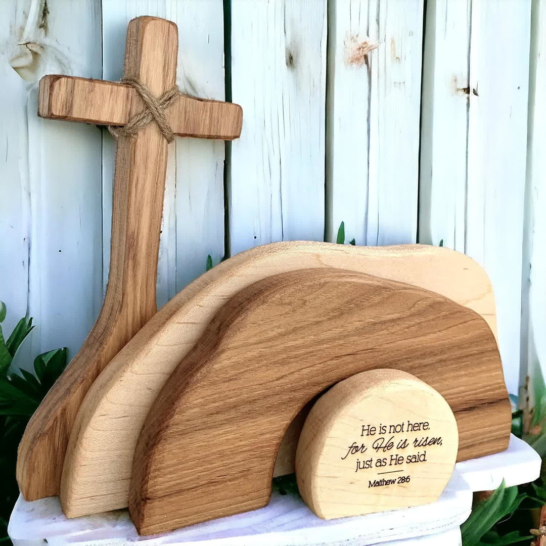 Christianartworkshop Er ist auferstanden: Rustikales Osterdekor-Set aus Holz mit Bibelversen als Wandkunst