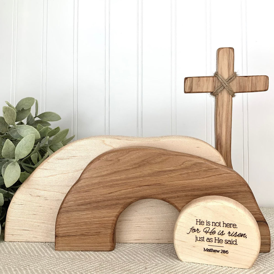 Christianartworkshop Er ist auferstanden: Rustikales Osterdekor-Set aus Holz mit Bibelversen als Wandkunst