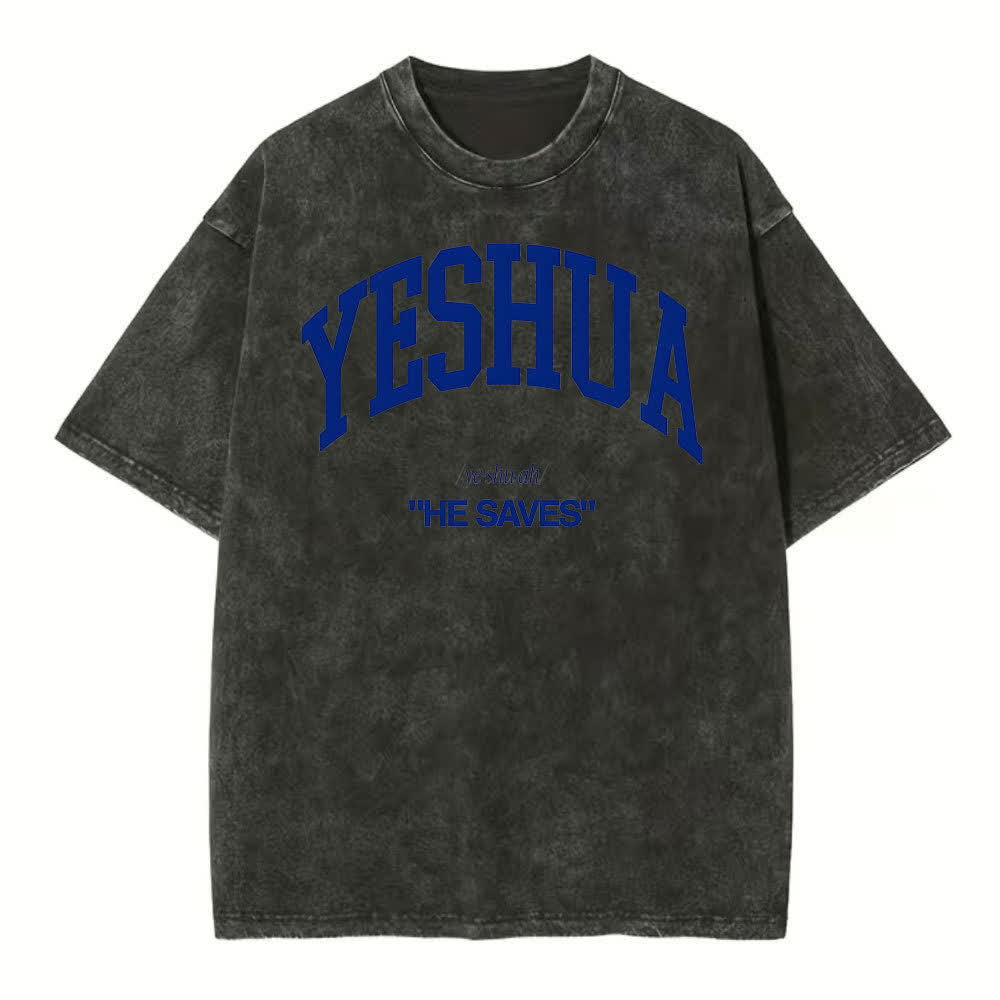 Christianartworkshop Yeshua "Er rettet" gewaschenes T-Shirt