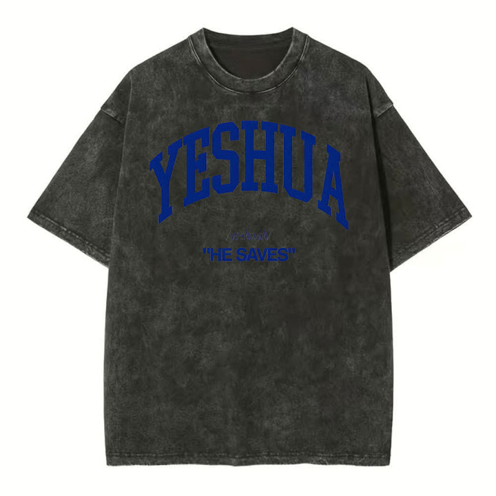 Christianartworkshop Yeshua "Er rettet" gewaschenes T-Shirt