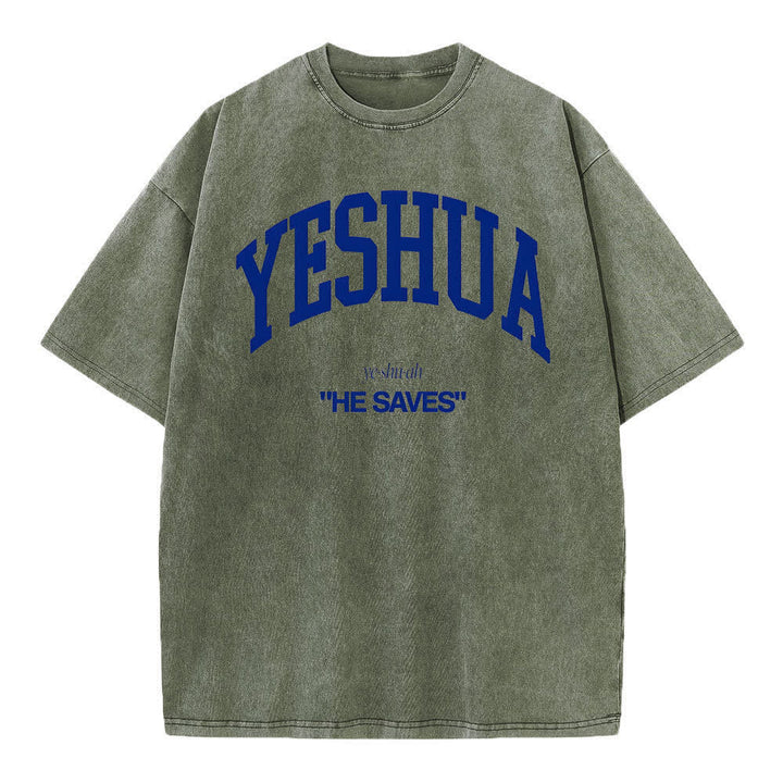 Christianartworkshop Yeshua "Er rettet" gewaschenes T-Shirt