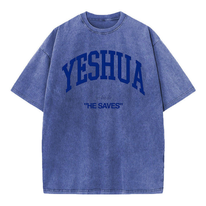 Christianartworkshop Yeshua "Er rettet" gewaschenes T-Shirt