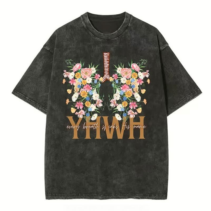 Christianartworkshop – T-Shirt mit YHWH-Blumenmuster, gewaschen