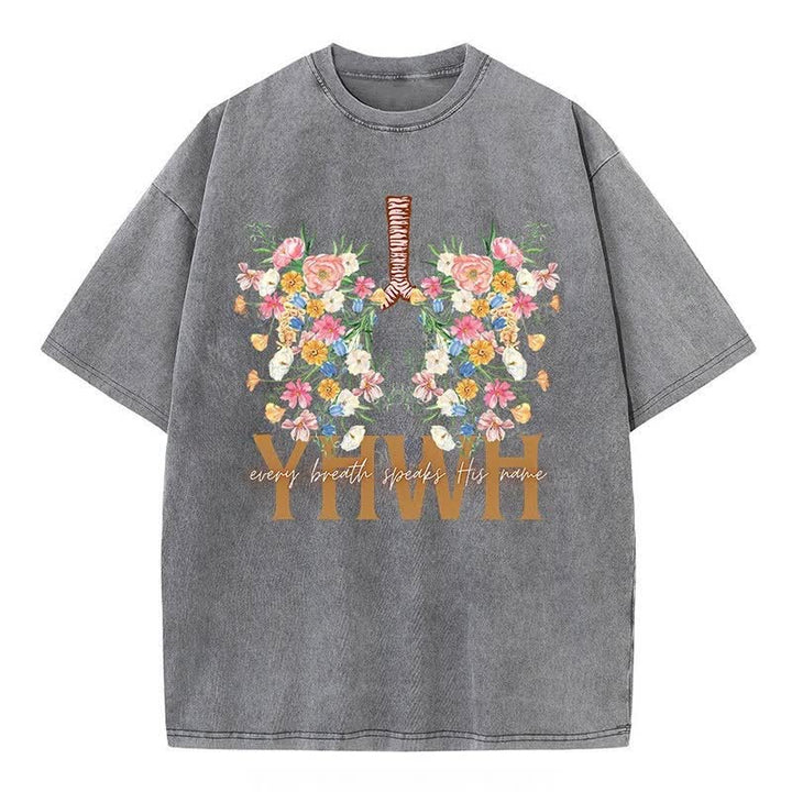 Christianartworkshop – T-Shirt mit YHWH-Blumenmuster, gewaschen