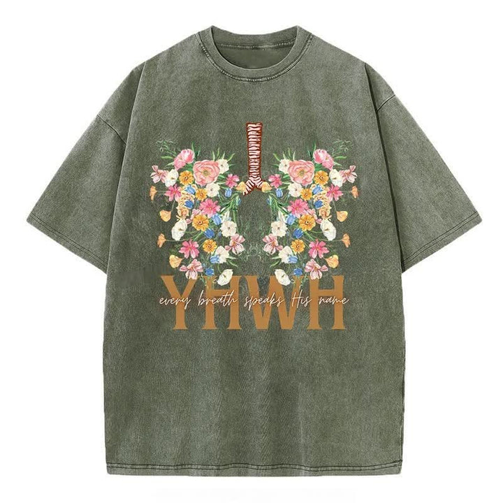 Christianartworkshop – T-Shirt mit YHWH-Blumenmuster, gewaschen