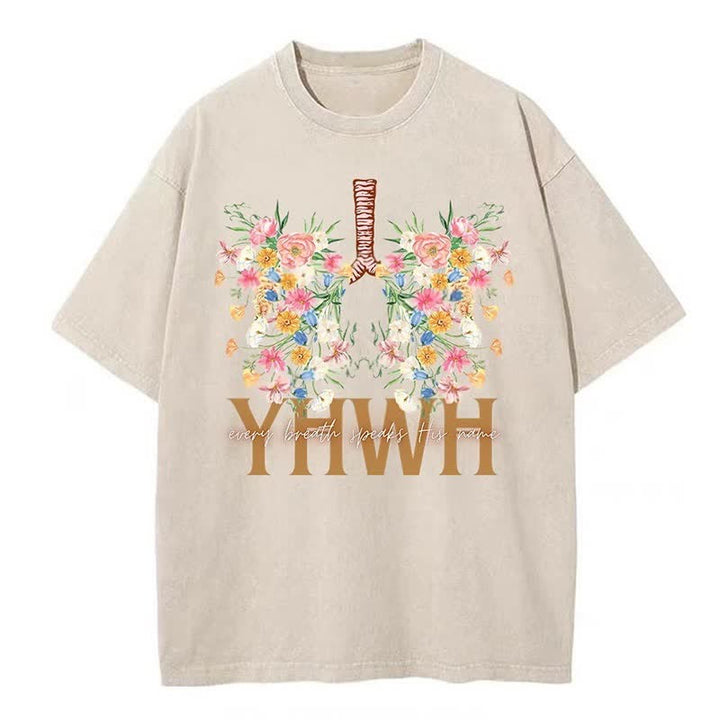 Christianartworkshop – T-Shirt mit YHWH-Blumenmuster, gewaschen