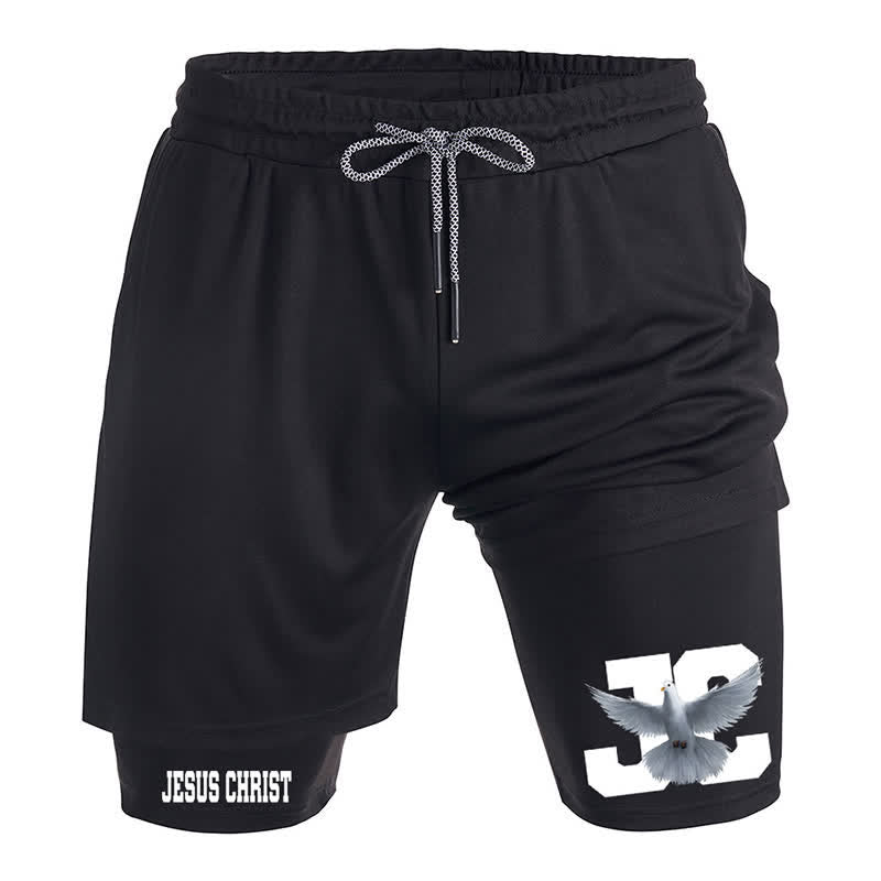 Christianartworkshop – Schwarze Sportshorts mit Tauben- und Kreuzmotiv