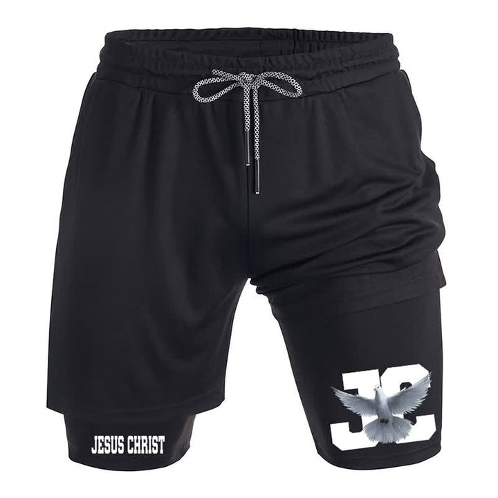 Christianartworkshop – Schwarze Sportshorts mit Tauben- und Kreuzmotiv