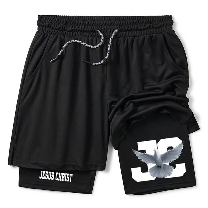 Christianartworkshop – Schwarze Sportshorts mit Tauben- und Kreuzmotiv