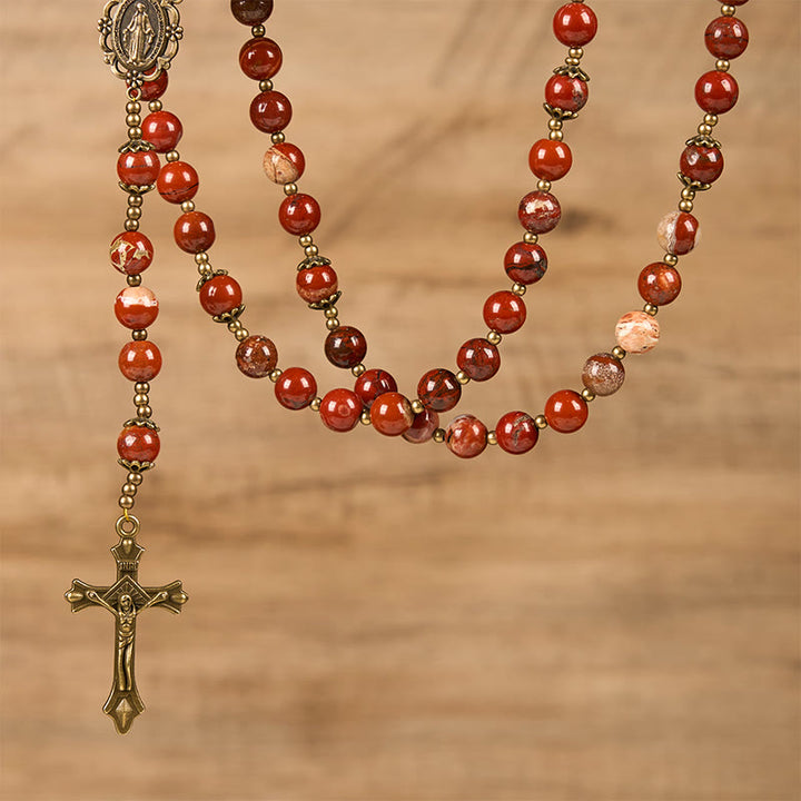 Christianartworkshop Handgefertigter Rosenkranz aus rotem Jaspis-Edelstein, 8 mm, mit Wundertätiger Medaille und Kruzifix