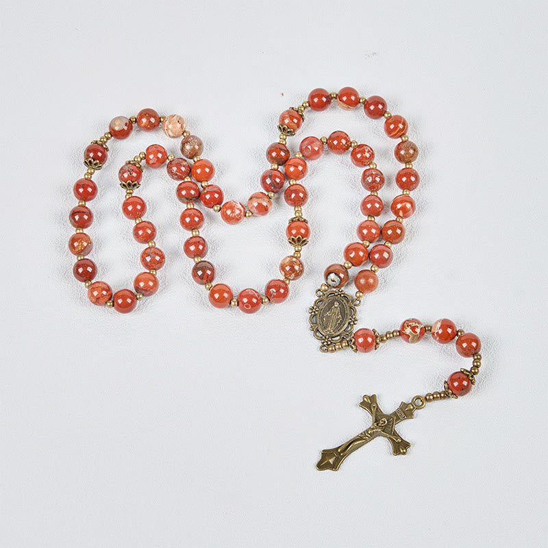 Christianartworkshop Handgefertigter Rosenkranz aus rotem Jaspis-Edelstein, 8 mm, mit Wundertätiger Medaille und Kruzifix
