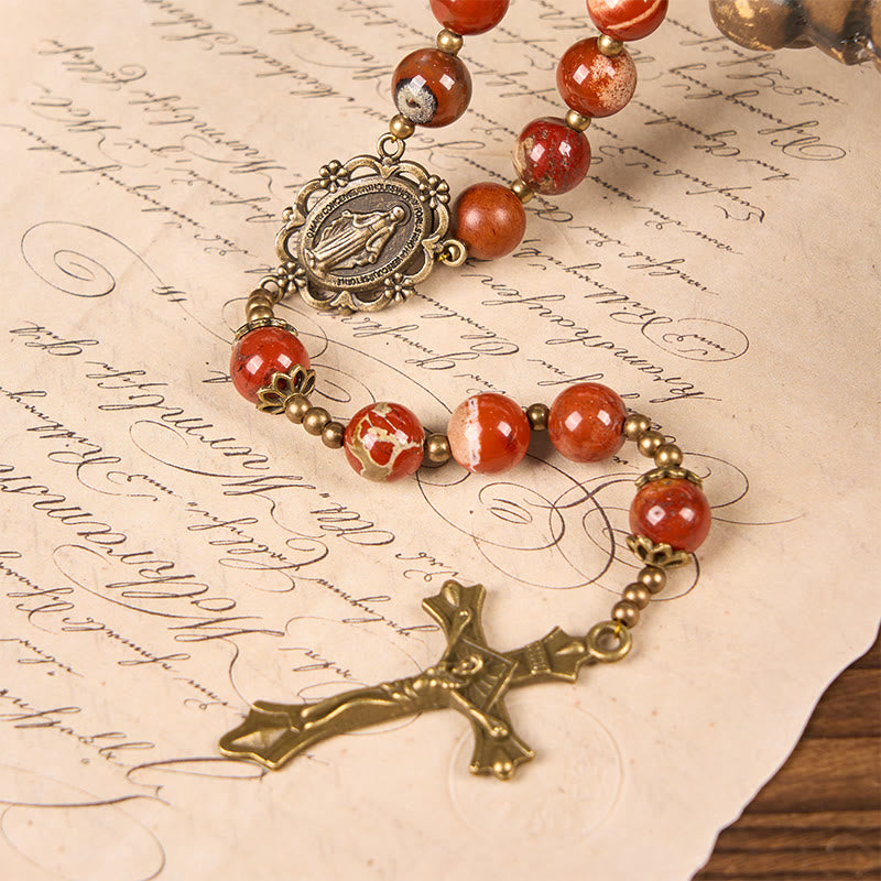Christianartworkshop Handgefertigter Rosenkranz aus rotem Jaspis-Edelstein, 8 mm, mit Wundertätiger Medaille und Kruzifix
