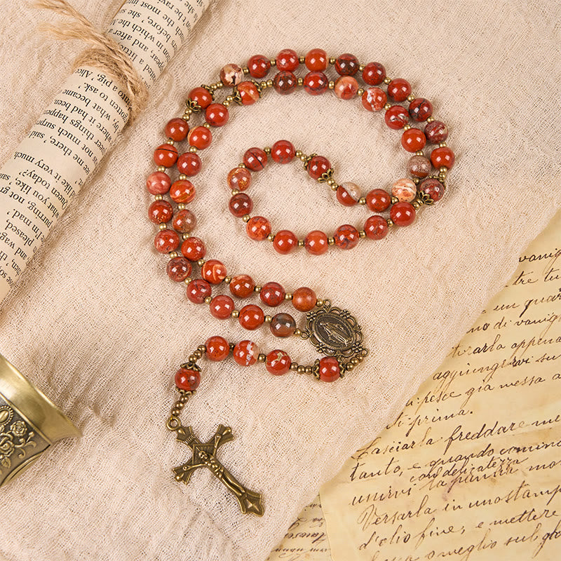 Christianartworkshop Handgefertigter Rosenkranz aus rotem Jaspis-Edelstein, 8 mm, mit Wundertätiger Medaille und Kruzifix