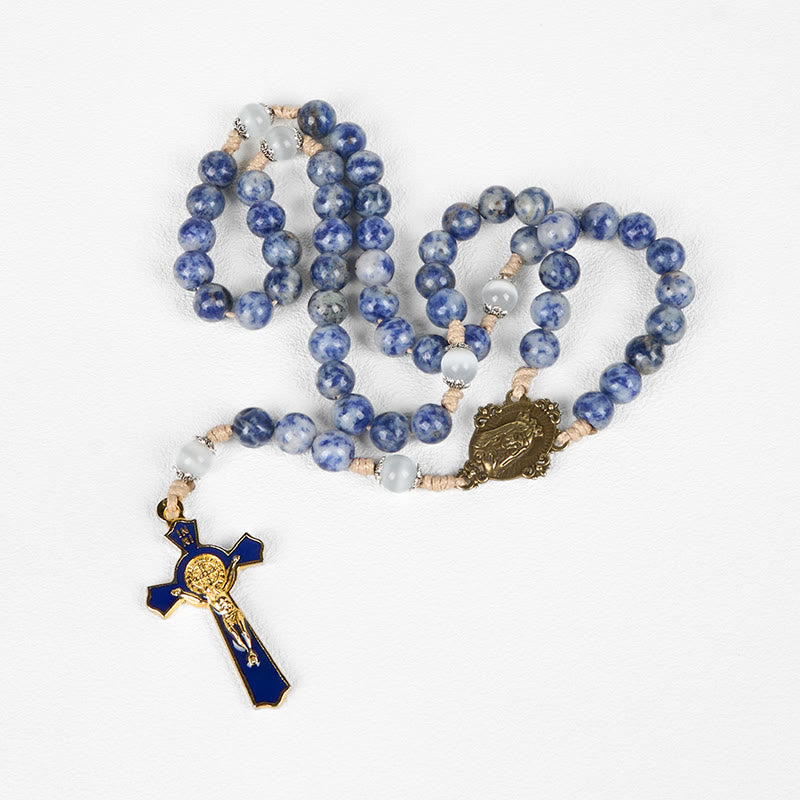 Rosenkranz mit dem Unbefleckten Herzen Mariens und Kruzifix aus 8 mm rundem blauem Stein und Nylonschnur